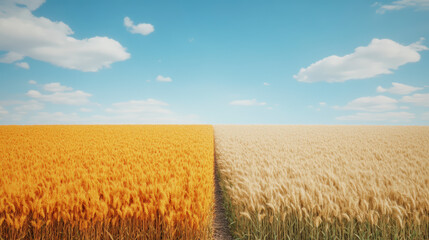Obraz premium A vibrant field with golden wheat on one side and mature, pale wheat on the other, under a blue sky with scattered clouds.