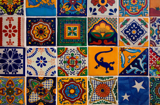 Colorful, patterned ceramic tiles on a wall in Cabo San Lucas, Mexico

