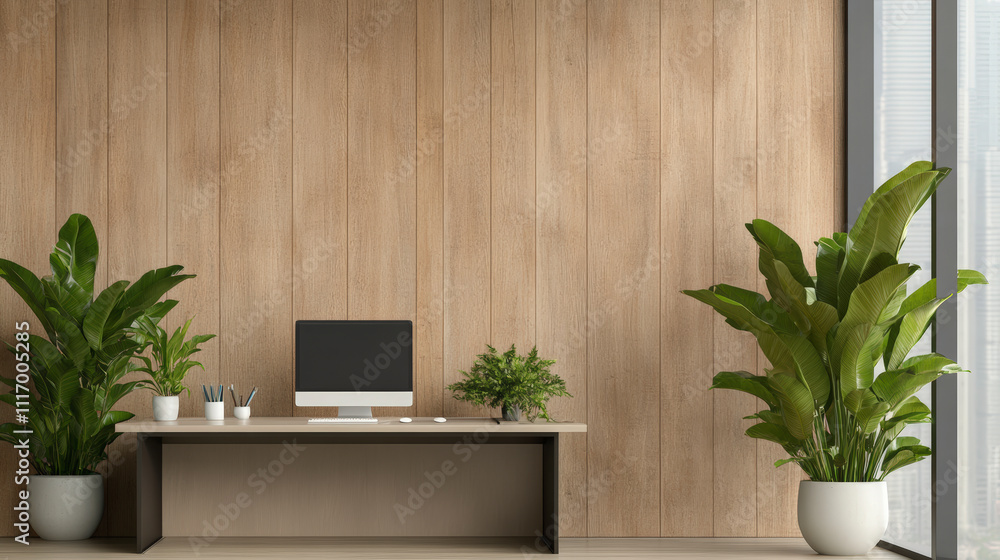 Poster modern office space featuring a minimalist desk with a computer and neatly arranged plants, creating