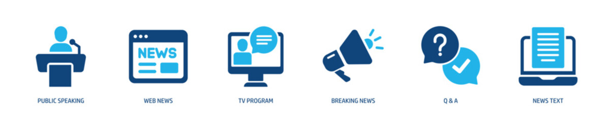 Set of glyph solid icons related journalism, news, mass media. Perfect pixel on transparent background