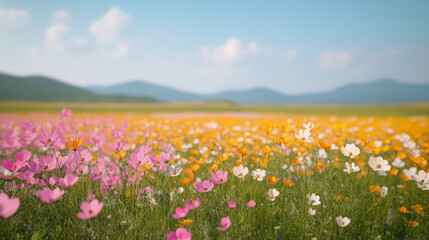 Obraz premium A vibrant meadow of pink, yellow, and white wildflowers stretches towards distant hills under a clear blue sky, evoking a serene and colorful landscape.