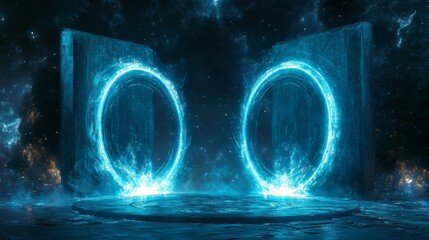 holographic portal rings, ascending energy streams, floating light motes, deep space atmosphere, glowing circular pedestals, ethereal blue aura, dynamic power flows, quantum transmission effect