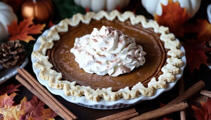 A delicious pumpkin pie topped with whipped cream, surrounded by autumn decor.