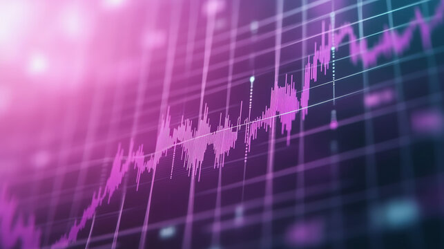 A dynamic line graph with purple and pink hues shows fluctuating data trends, possibly representing financial markets or statistical information against a blurred background.