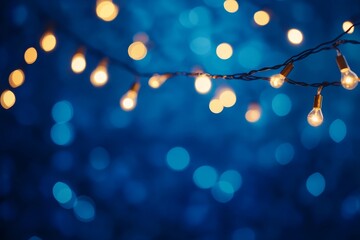 String of warm, glowing light bulbs hanging against a dark blue background of bokeh.