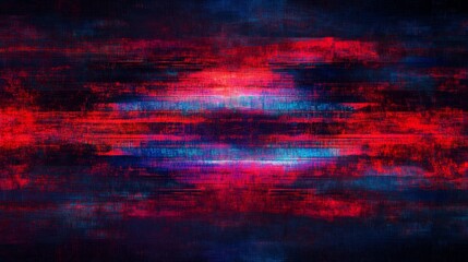 tech signal breakdown, scattered digital artifacts, electric blue red chaos, dark void setting, horizontal interference lines, pixel noise pattern, electronic distortion waves, cyberpunk static effect