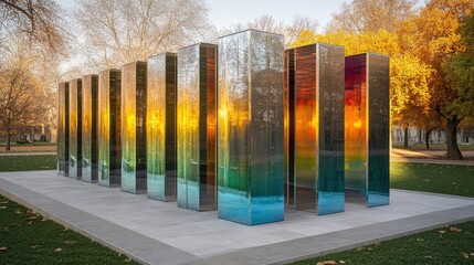 Vibrant Kinetic Sculpture in Outdoor Park Setting with Geometric Shapes and Bright Colors.