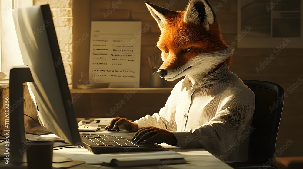 Poster a fox in a button-down shirt, working on a computer at a clean desk with space for text