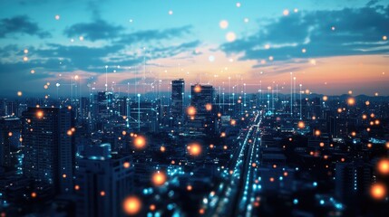 Fototapeta premium Smart City Night Skyline Illuminated Network Connections