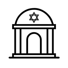 An icon of a synagogue showcases its key architectural elements. The design highlights the Ark a Bimah and seating areas to represent a space of congregation and worship. 