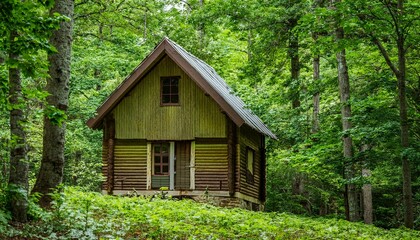 숲속의 작은 오두막 나무 사이에 숨겨진 듯 자리 잡은 오두막과 그 주변의 울창한 초록 나무들