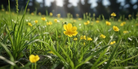 Fototapeta premium A bright yellow buttercup peeking through the blades of grass in a lush meadow, meadow, grass, flower