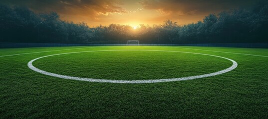 Obraz premium hyper-realistic soccer field at dusk with detailed grass textures and dramatic lighting illuminating center circle