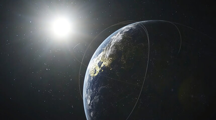 Fototapeta premium Earth axis diagram illustration showing the tilt of the Earth's rotational axis relative to its orbital plane, explaining the cause of seasonal changes and the distribution of sunlight.
