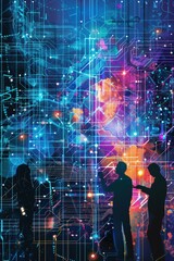 Fototapeta premium Abstract digital scene depicting people interacting with technology.