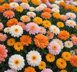 A delicate balance of marigolds and chrysanthemums in pastel shades, arranged in a beautiful, naturalistic composition , Floral arrangement, Marigold, Nature