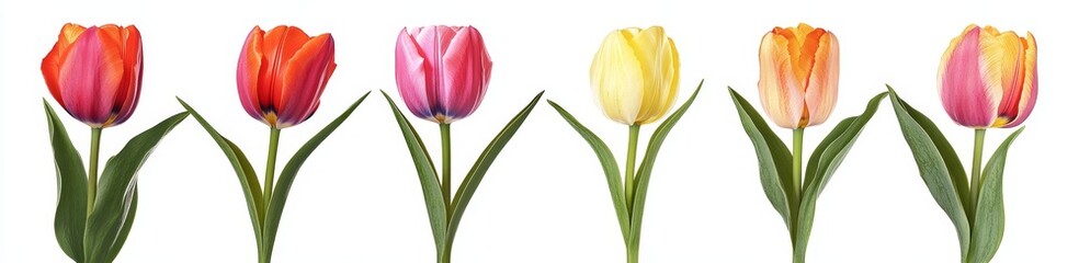 Six colorful tulips with green stems and leaves isolated on white background.