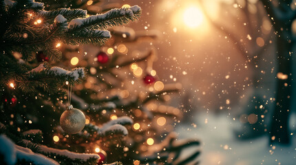 gold bauble adorns a snow-covered branch