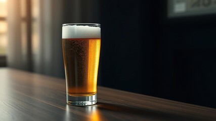 A glass of frothy beer resting against the edge of a dark wood table with soft lighting , surface, liquid