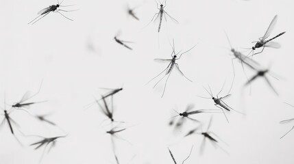 Flying Mosquitoes on White Background, Small Insects in Mid-air, Creating a Simple yet Intriguing Visual Scene.