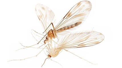Flying Mosquitoes on White Background, Small Insects in Mid-air, Creating a Simple yet Intriguing Visual Scene.