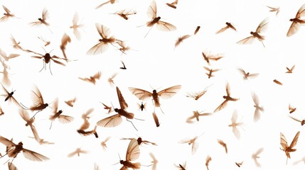 Flying Mosquitoes on White Background, Small Insects in Mid-air, Creating a Simple yet Intriguing Visual Scene.
