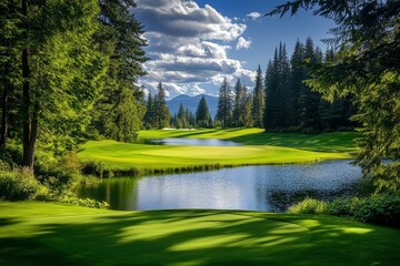 Obraz premium A picturesque golf course with a pond and a mountain backdrop.