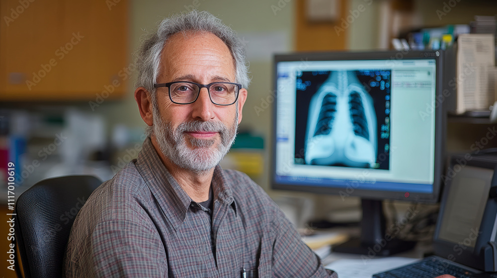 Poster a man with glasses sits in front of a computer displaying a chest x-ray. the setting appears to be a
