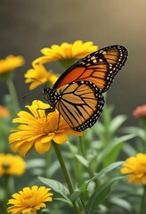 Obraz premium A monarch butterfly sits on top of a bright yellow zinnia, rest, insect, yellow