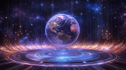 holographic planetary display, symmetric technological rings, illuminated data points, floating digital earth, cosmic dark background, ultramodern interface design, radiating light beams, advanced