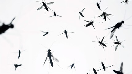 Obraz premium Flying Mosquitoes on White Background, Small Insects in Mid-air, Creating a Simple yet Intriguing Visual Scene.