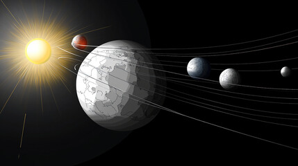 Earth axis diagram illustration showing the tilt of the Earth's rotational axis relative to its orbital plane, explaining the cause of seasonal changes and the distribution of sunlight.