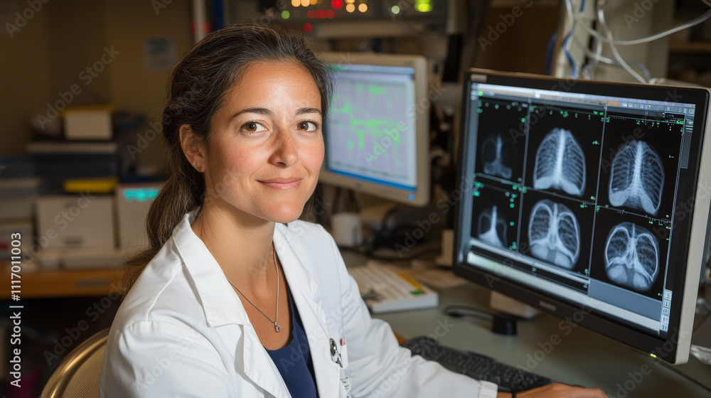 Aufkleber a medical professional in a lab coat analyzes chest x-rays on a computer screen, working in a health