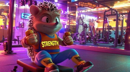 A hedgehog in sporty gym wear, seated on a workout bench, holding a dumbbell labeled "STRENGTH," with vibrant gym decor and bright lighting.