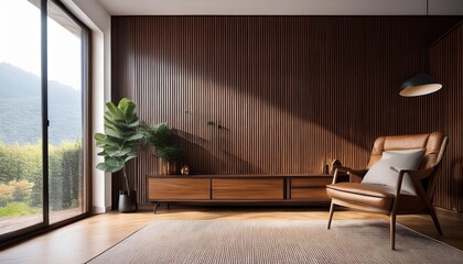 Fototapeta premium Empty Dark Wood Accents Wall Mockup in Mid Century Modern Interior with Wood Sideboard and a Armchair. Natural Daylight From a Window. Promotion Background.