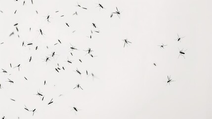 Flying Mosquitoes on White Background, Small Insects in Mid-air, Creating a Simple yet Intriguing Visual Scene.