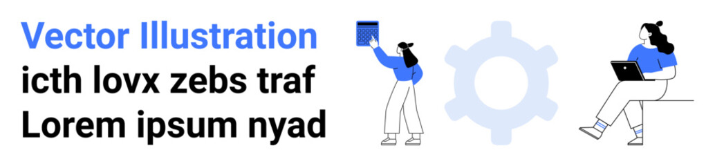 Two characters, one standing with a tablet and one sitting with a laptop, gear icon in the center, placeholder text. Ideal for technology, teamwork, productivity, software, web development