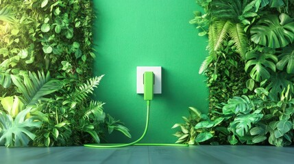 A green plug connected to a white outlet, with a vibrant green wall and lush plants around it, symbolizing the flow of green energy in an eco-friendly setting.
