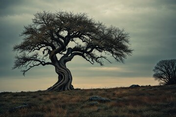 Fototapeta premium Foreboding Solitary Twisted Tree with Vibrant Canvas Background