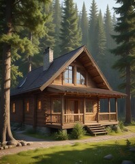 A warm and inviting wooden cabin nestled among towering evergreen trees, forest ambiance , peaceful retreat