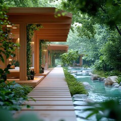 Serene Modern Japanese Garden with Lush Foliage & Gentle Stream