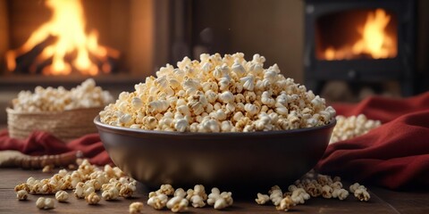 Obraz premium A warm and cozy Christmas scene with a bowl of freshly popped popcorn and a crackling fire in the background, holiday lights, twinkling lights