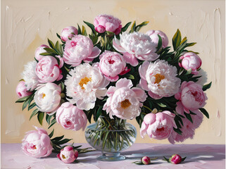 Flowers painted on a dark wall with patterns. Peonies on the wall. Design for walls, photo wallpaper, wallpaper, murals, cards, postcards, paintings.
