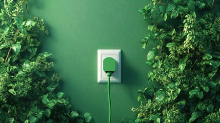 A green plug connected to a white electrical outlet on a green wall with lush foliage surrounding it, symbolizing the integration of green energy into everyday life.