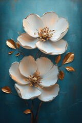 Three Textured White Flowers with Gold Accents on Vibrant Turquoise Background Abstract Oil Painting