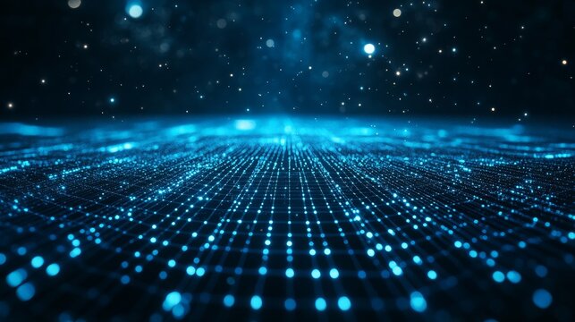 retro cyberspace perspective grid, neon blue matrix floor, infinite digital horizon, synthwave aesthetic environment, glowing wireframe landscape, starlit void background, retrowave geometric pattern