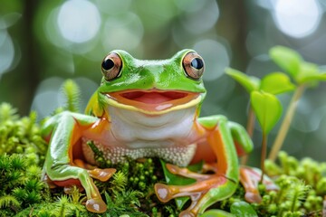 Naklejka premium Vibrant Green Tree Frog on Mossy Surface