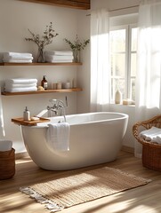 Elegant Bathroom Interior with Freestanding Bathtub, Wooden Shelves, and Natural Decor Elements Creating a Cozy and Relaxing Spa-Like Atmosphere.