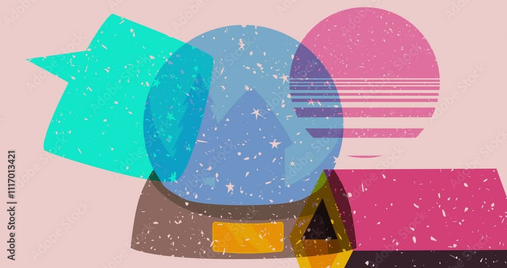 Poster risograph snow globe and speech bubble with geometric shapes animation. moving object in trendy riso