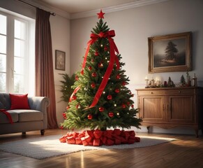 Christmas tree in living room with a bright red bow, red bow, holiday season